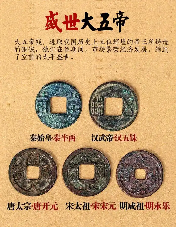 家财万贯大五帝钱真品古币纯铜中华秦半两汉五铢宋元永乐开元铜钱随身