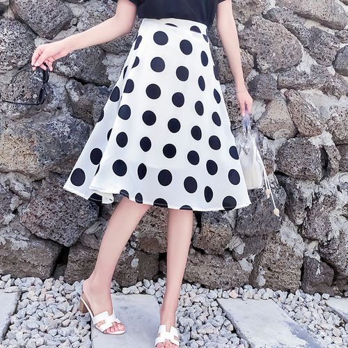 大波点半身裙夏女2018款黑白点中长款a字斑点高腰点点裙子半身裙