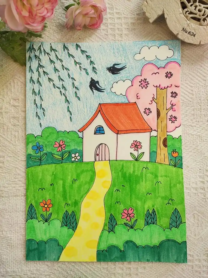 春天主题儿童画.春天到了,樱花盛开,燕子飞来,柳树发芽,一起 - 抖音