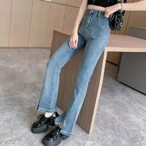 实拍实价~复古高腰开叉微喇叭甜酷风裤子女显瘦前口袋弹力牛仔… - 17