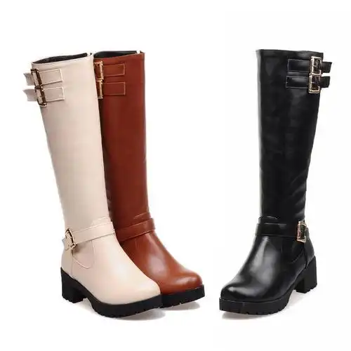 外贸拉链棕色米色靴子高筒靴马靴情侣鞋学生大码女靴子 40-43