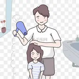 在家里吹头发的卡通情侣