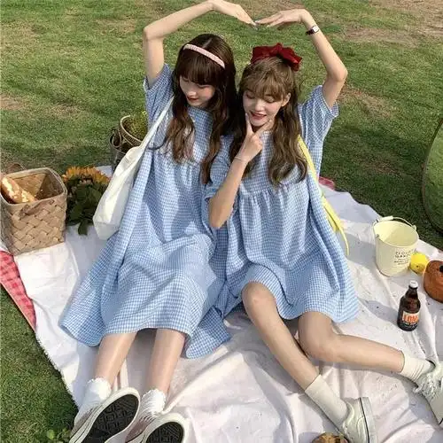 小清新格子泡泡袖连衣裙女学生韩版宽松显瘦学院风中长闺蜜裙子夏