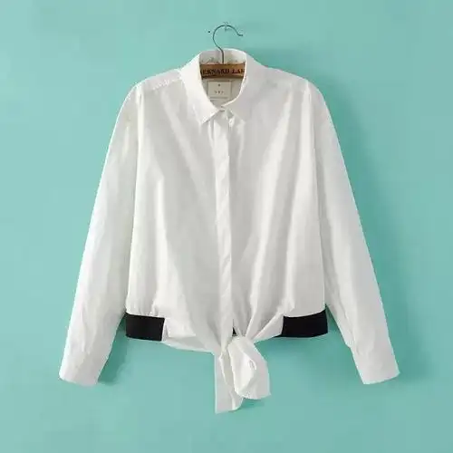 2015春夏新款 5 专柜同款 后面字母刺绣衬衫 白色打结女衬衣