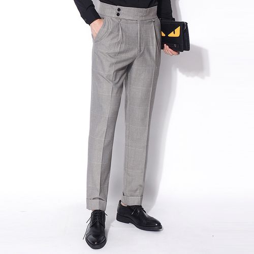 川泽男士裤子百搭西装裤2019韩版修身浅灰色格子商务西裤小脚男裤