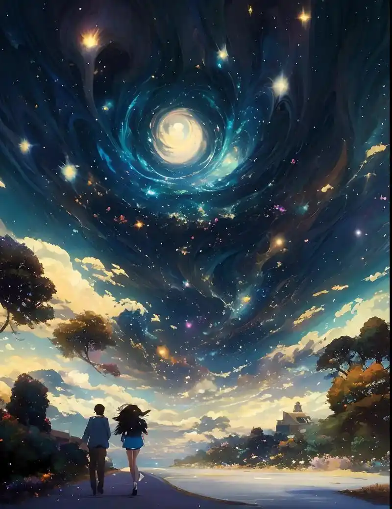 梦幻梵高星月夜之眺望宇宙.星空下的夜晚, 一对情侣眺望宇宙, - 抖音