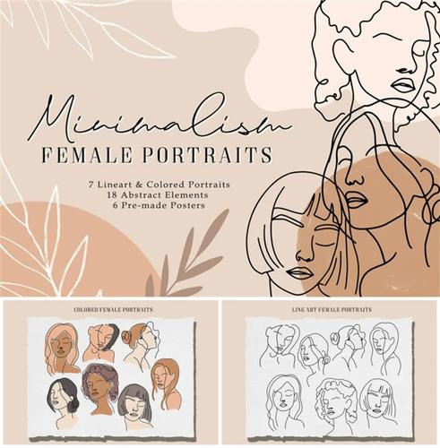 p0292高清ps设计素材极简主义女性肖像速写头像插画装饰画模板png