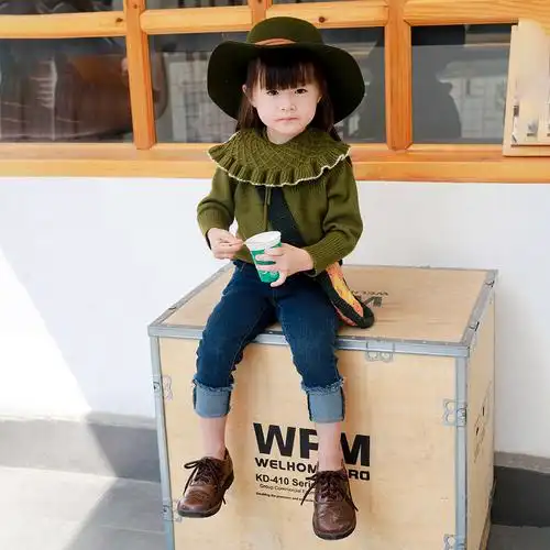 清仓退换女童牛仔裤春季幼儿园宝宝深蓝色折边裤子裤子