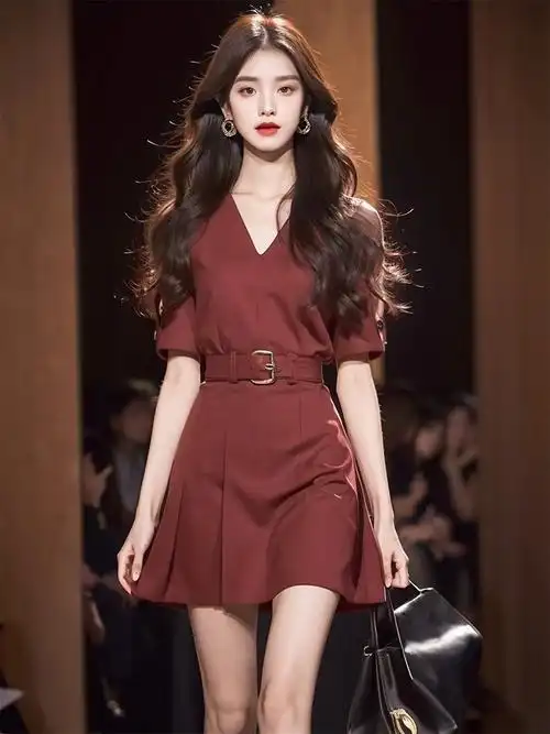 气质名媛高端精致女神范高级感厅里厅气高冷御姐风酒红色连衣裙