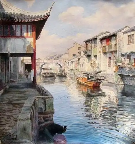 手绘水彩江南水乡风景,江南水彩画图片大全