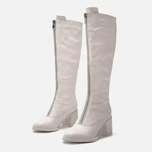 秋冬新款真皮小码女鞋31 32 33显瘦前拉链粗高跟白色复古高筒长靴