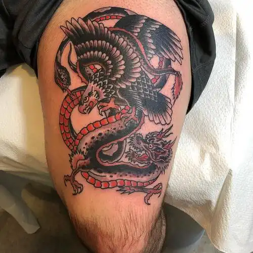 盖先生大腿oldschool鹰龙纹身图案