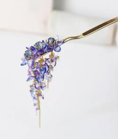定制 进口捷克水晶紫藤花发簪流苏簪子长步摇盘发汉服古风古装头饰