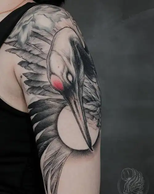 仙鹤纹身图片_手臂点刺仙鹤原创纹身图案