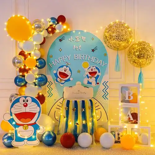 1周岁生日装饰场景布置卡通哆啦a梦叮当猫主题气球派对背景墙优惠券
