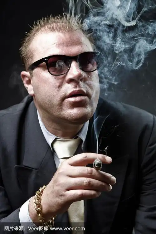 穿着西装,戴着墨镜,抽着雪茄的黑帮成员.