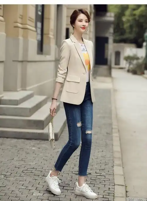 艳如飞米色西装外套女小个子春秋韩国休闲短款上衣修身气质女范小西服