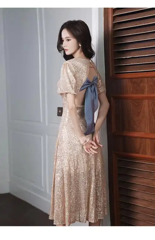 阿亨香槟色晚礼服女21新款宴会气质简约高级感亮片小个子年会连衣裙