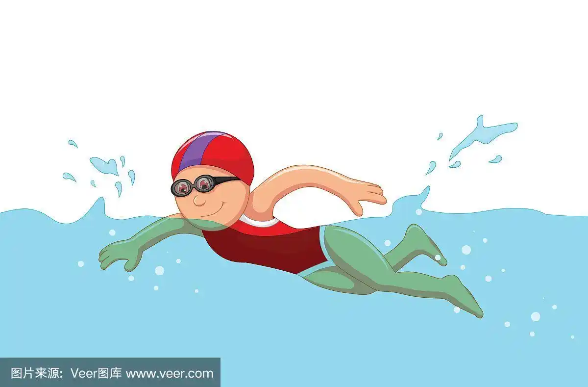 有趣的卡通女孩在游泳池游泳