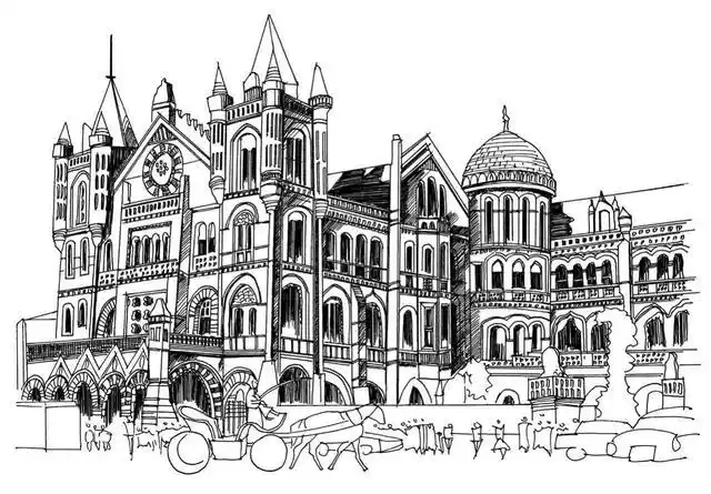 10.绘制画面最右边的建筑细节与屋顶的阴影,注意线条的排列方向.11.