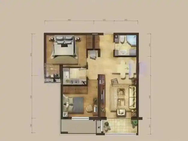在售产品户型图:104平米两居室,南向双卧室设计,餐客一体,厨房为l型