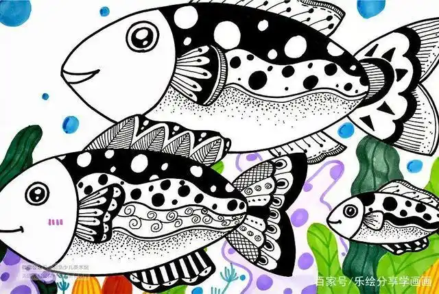 儿童画教程|创意线描画《自由自在的小鱼儿》