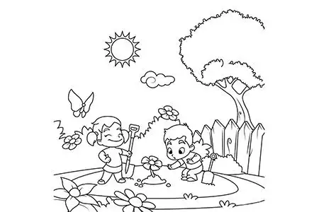 春天小朋友们在花园里种花2022-03-254小男孩简笔画小女孩简笔画小