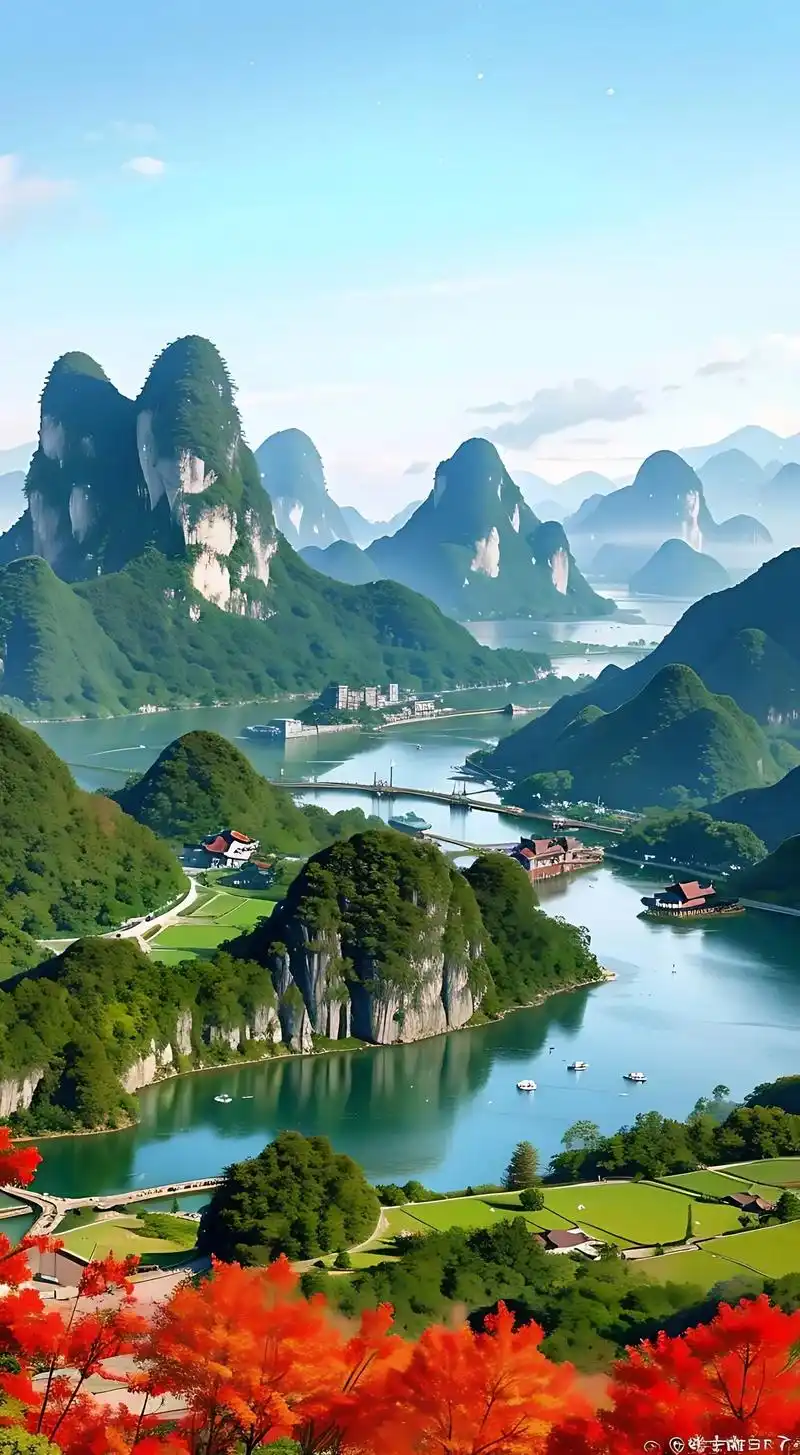 人间仙境世外桃源江南小镇,春天的桂林山水美景,青山绿水,红色 - 抖音