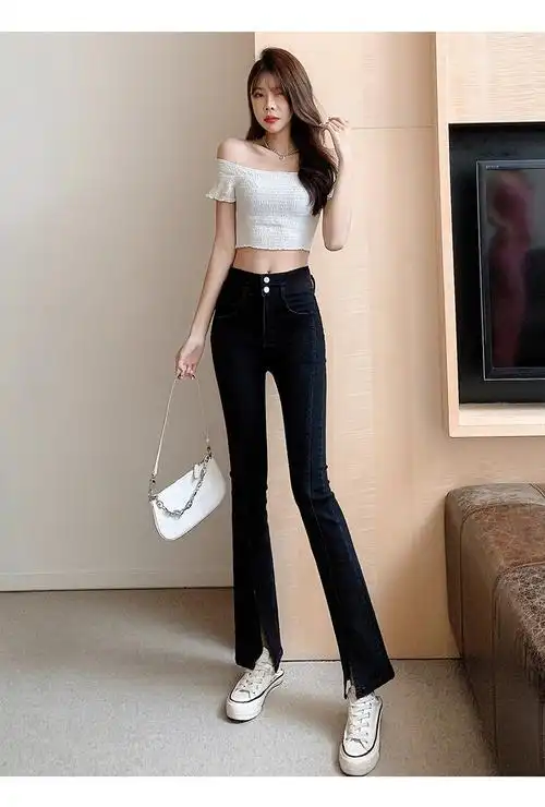 开叉牛仔裤女2021新款高腰显瘦小个子微喇叭阔腿弹力垂感裤 前开叉款