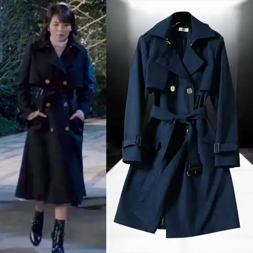 欢乐颂刘涛安迪同款蓝色风衣长款外套女春秋2019新款双排扣呢大衣