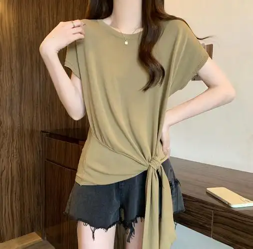 实拍~大码不规则下摆打结短袖t恤女夏季胖mm遮肚显瘦冰丝上衣 - 17网