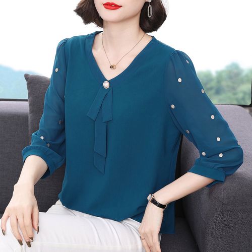 七分袖雪纺衫女宽松2022夏装新款妈妈时尚气质中袖体恤遮肚上衣潮