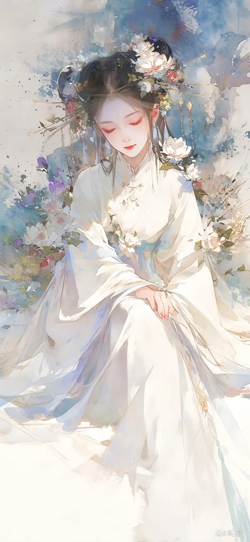 美图分享 小清新古风美人壁纸 在春日的微光下,一位女子静坐于碧绿的