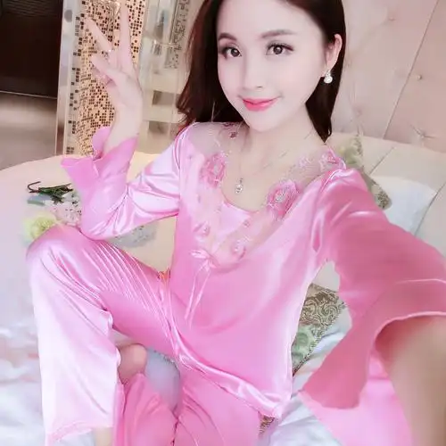 春秋季高贵仿真丝绸睡衣套装女性感蕾丝长袖冰丝绸家居服两件套装