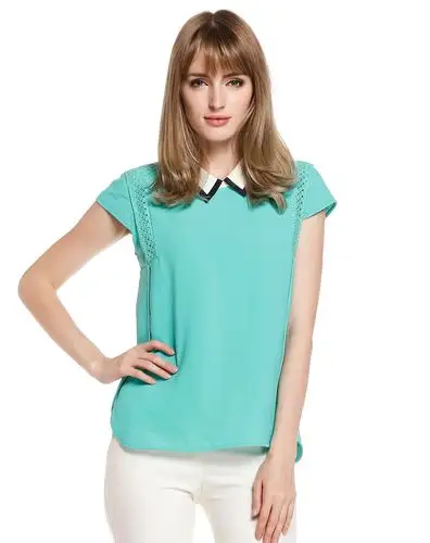 蓝绿色简约斯文短袖上衣