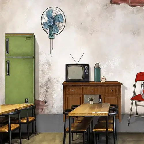 手绘怀旧80年代客厅背景背景墙墙纸缝纫机冰箱复古无纺布墙纸