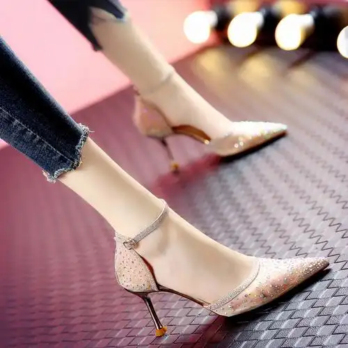 满天星水钻网纱宴会夏季性感一字扣细尖头高跟单鞋