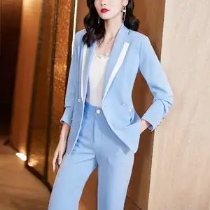 美妃雅2021秋季新款淡蓝色西装套装女时尚职业气质名媛休闲两件套