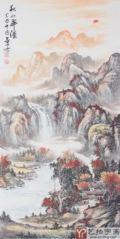 周卡四尺竖幅 聚财山水《秋山飞瀑》-写意山水画-艺拍字画网