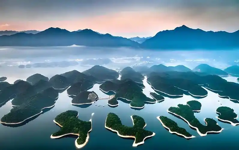 庐山西海行冯信畅游千岛沐金风,景秀还添丽日红.