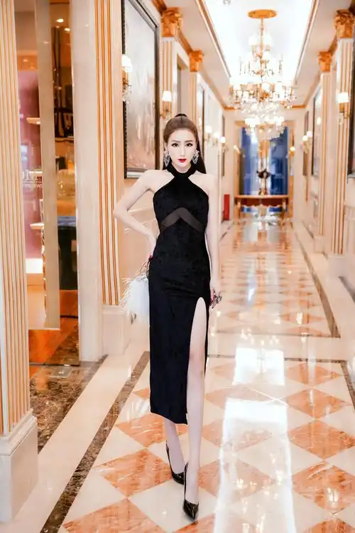 pq42467# 性感挂脖露背杀透视长款前高开叉修身礼服长裙连衣裙