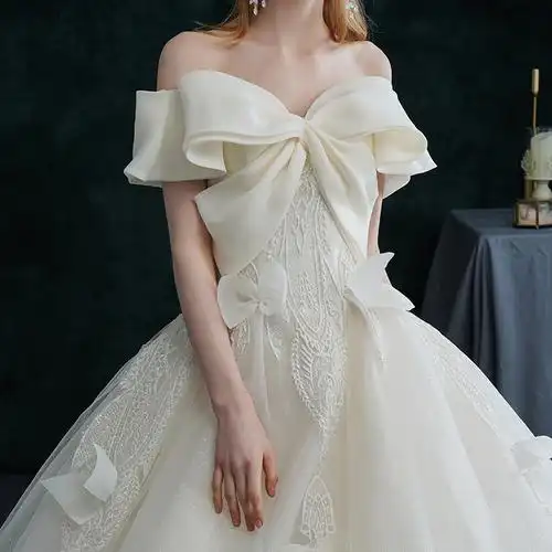 一字肩婚纱礼服新款新娘质感大拖尾蝴蝶结超仙宫廷风主纱