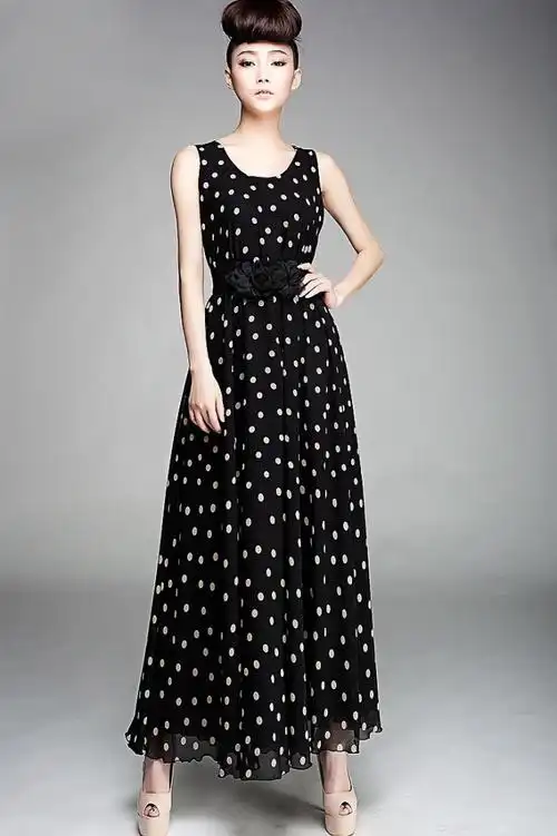 2013春夏新款 超长 背心裙 黑底白点 配精致双花腰带 雪纺裙1955