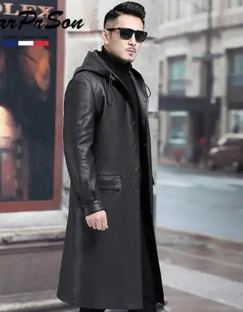 风衣男士长款秋冬皮衣超长皮风衣头层牛皮连帽长皮大衣外套潮黑色170l