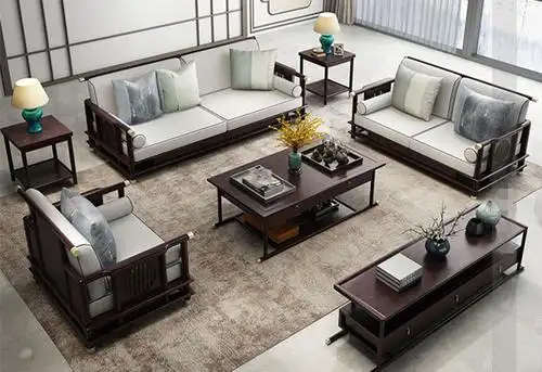 【客厅新中式皮沙发组合 现代新中式红木家具 刺猬紫檀】图片