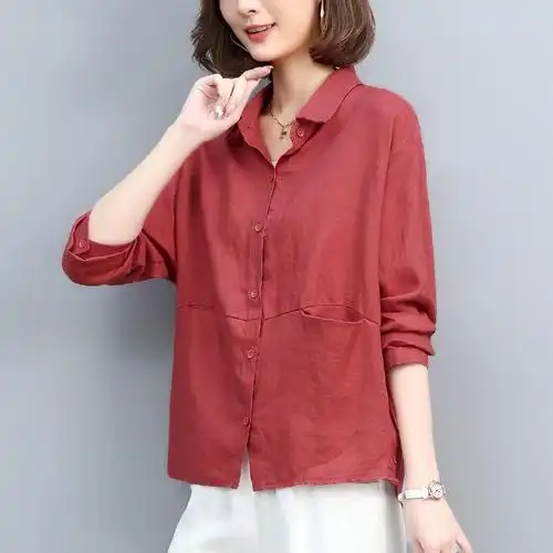 亚麻衬衫女长袖春款2021年新款女士时尚衬衣棉麻女装夏季妈妈上衣