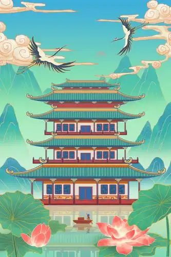 古风建筑宣传手绘竖版插画