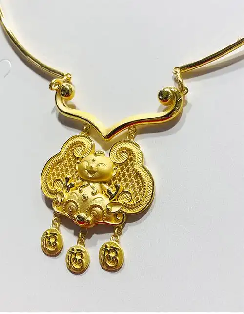 老凤凰宝宝周岁金项圈黄金百福锁吊坠足金长命锁项链婴儿满月金饰品