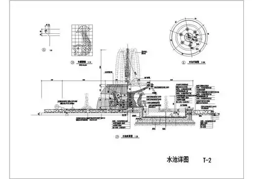 某带花坛圆形雕塑喷泉水池的施工图