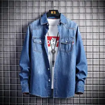 男生穿的年新款男士休闲牛仔衬衫宽松薄款长袖上衣服搭配帅气外套男孩